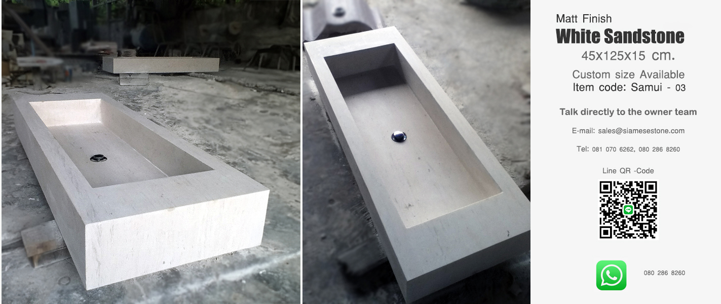 White sandstone rectangular basin sink 45x125cm matt finish custom size Thailand supplier